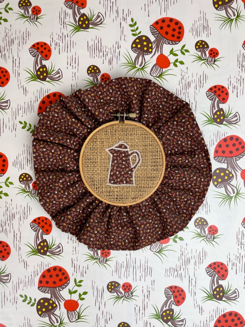 Vintage Handmade Embroidery Hoop Pitcher or Percolator